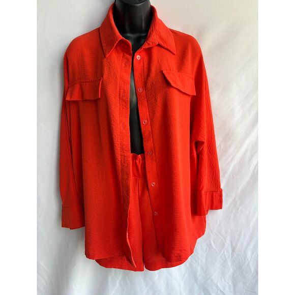 European Summer Two Piece Outfit Set Shirt and Shorts Size M/L Orange Beachy - Picture 2 of 12